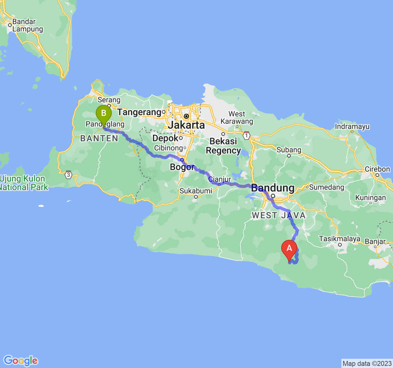 perjalanan dengan rute Kab. Garut-Kab. Pandeglang