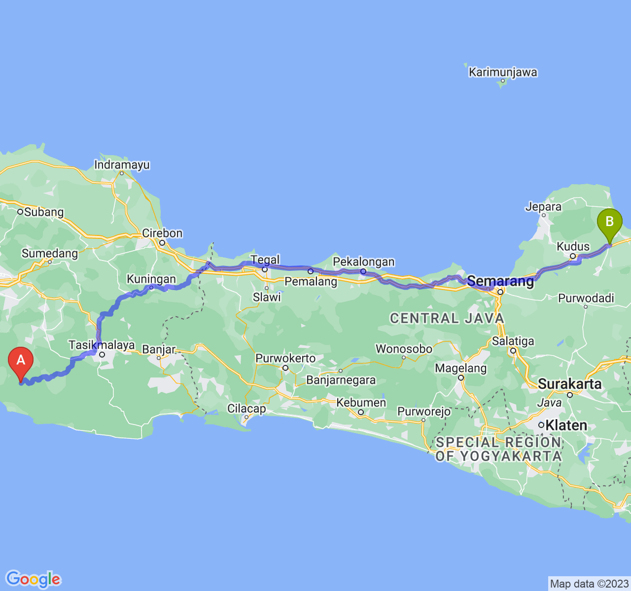 perjalanan dengan rute Kab. Garut-Kab. Pati