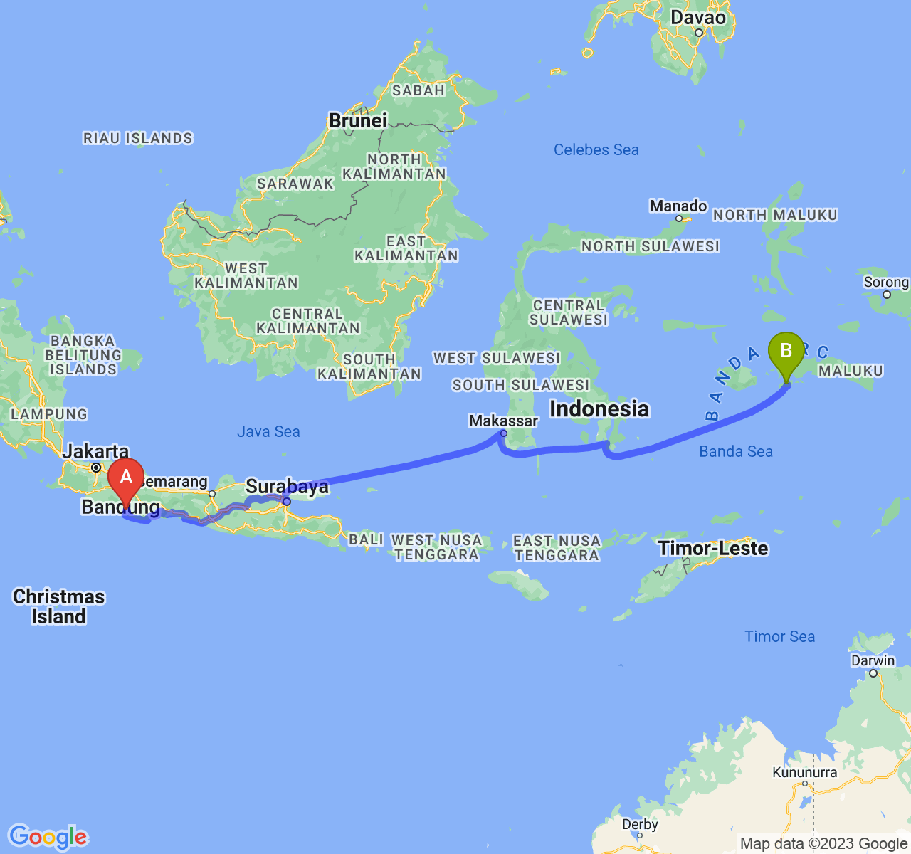 perjalanan dengan rute Kab. Garut-Kota Ambon