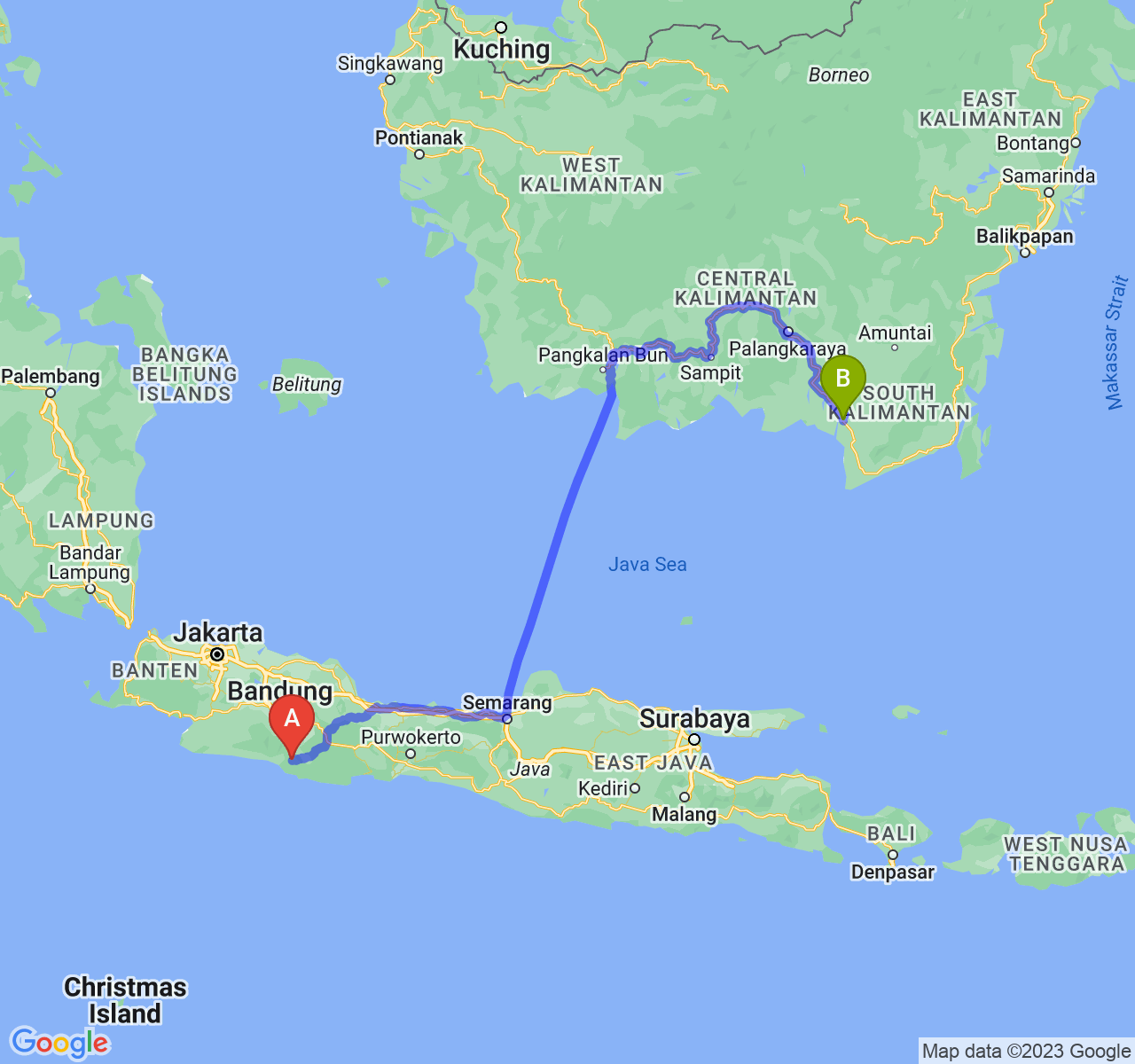 perjalanan dengan rute Kab. Garut-Kota Banjarmasin