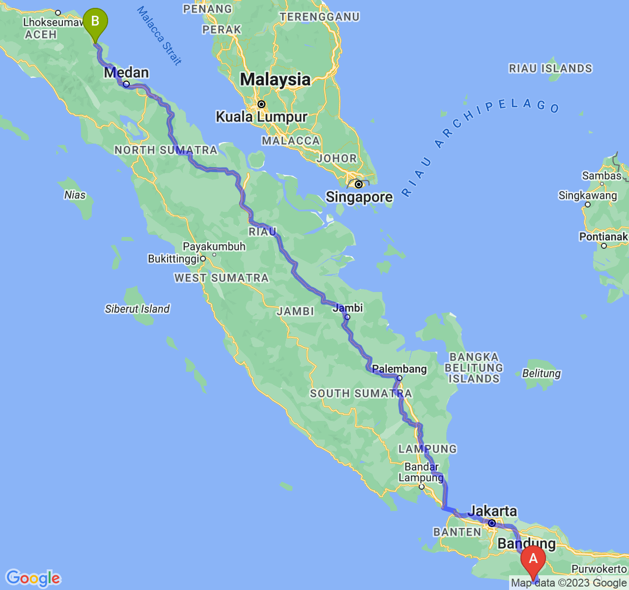 perjalanan dengan rute Kab. Garut-Kota Langsa