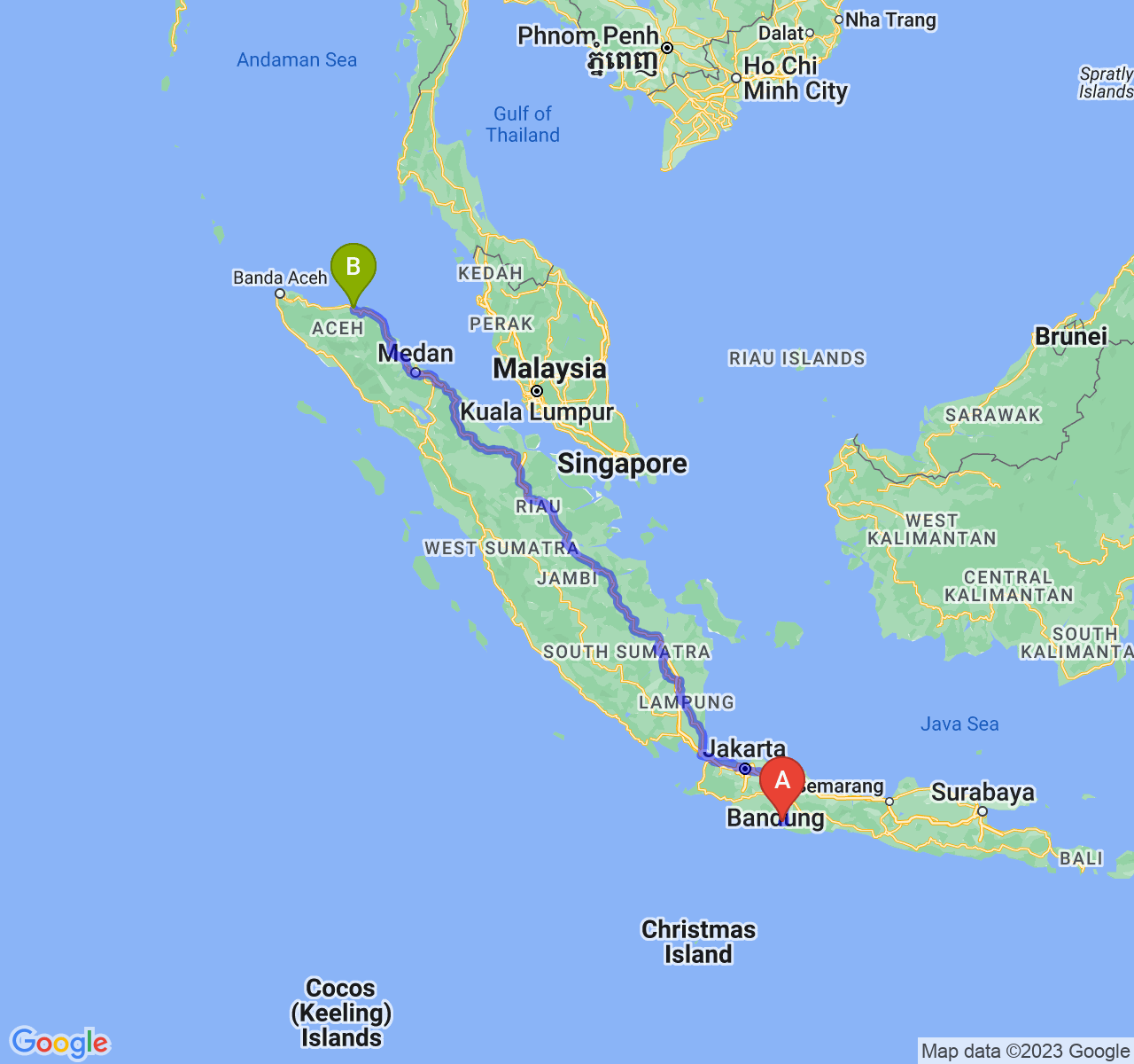 perjalanan dengan rute Kab. Garut-Kota Lhokseumawe