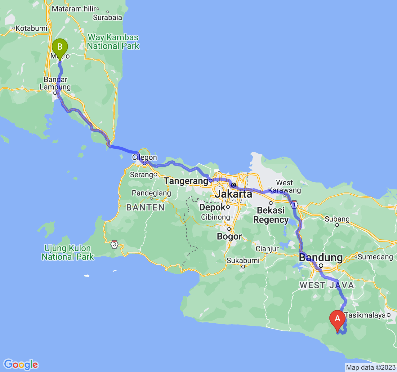 perjalanan dengan rute Kab. Garut-Kota Metro