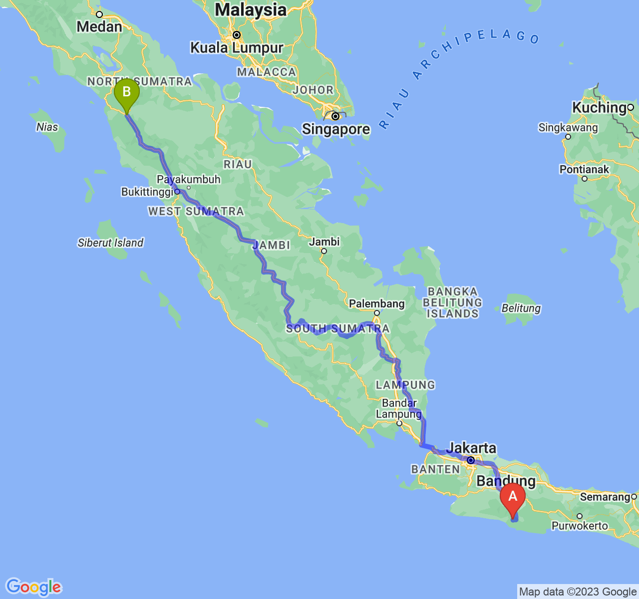 perjalanan dengan rute Kab. Garut-Kota Padang Sidimpuan