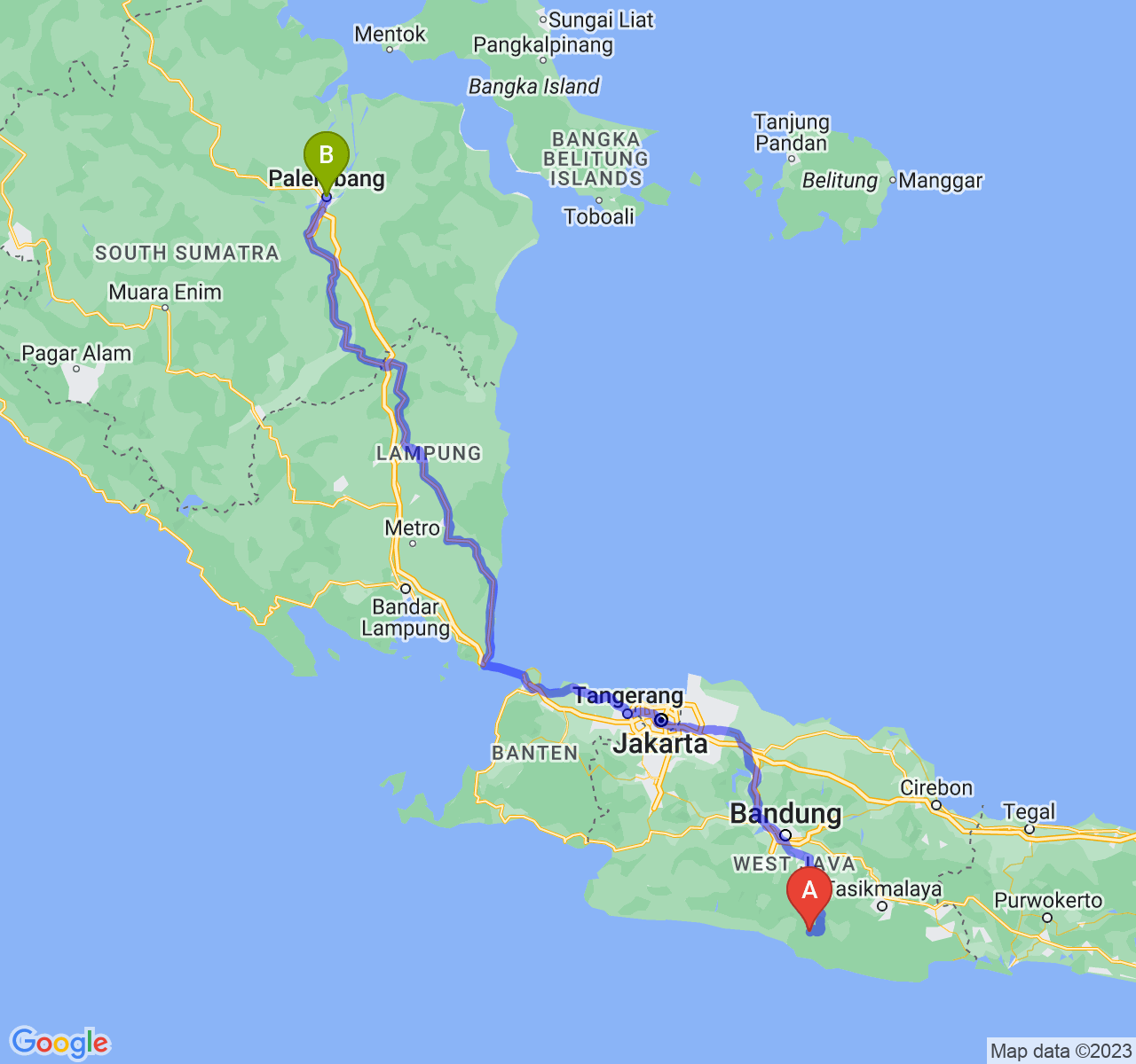 perjalanan dengan rute Kab. Garut-Kota Palembang