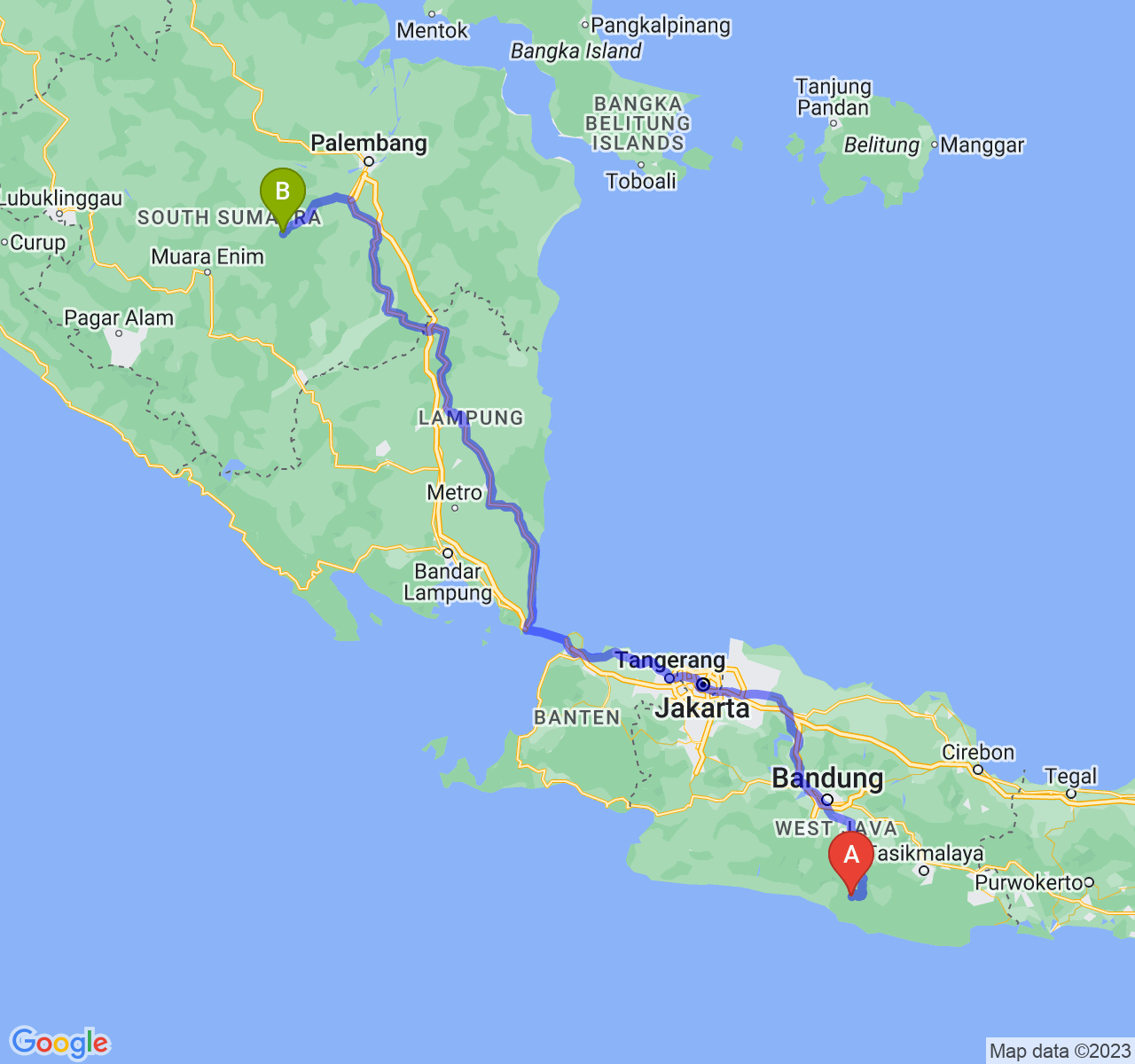 perjalanan dengan rute Kab. Garut-Kota Prabumulih