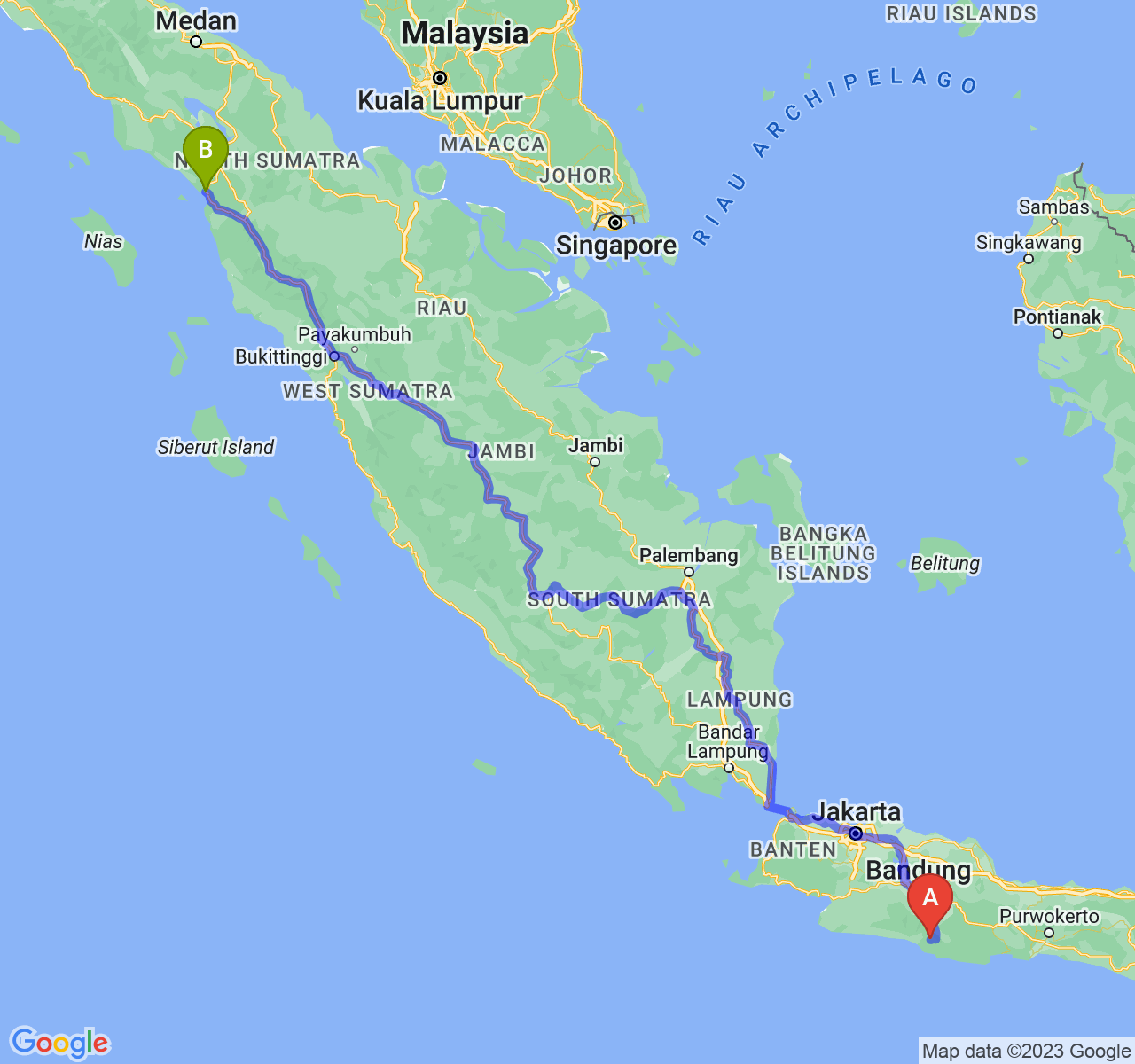 perjalanan dengan rute Kab. Garut-Kota Sibolga