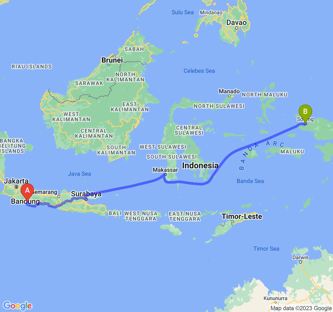 perjalanan dengan rute Kab. Garut-Kota Sorong