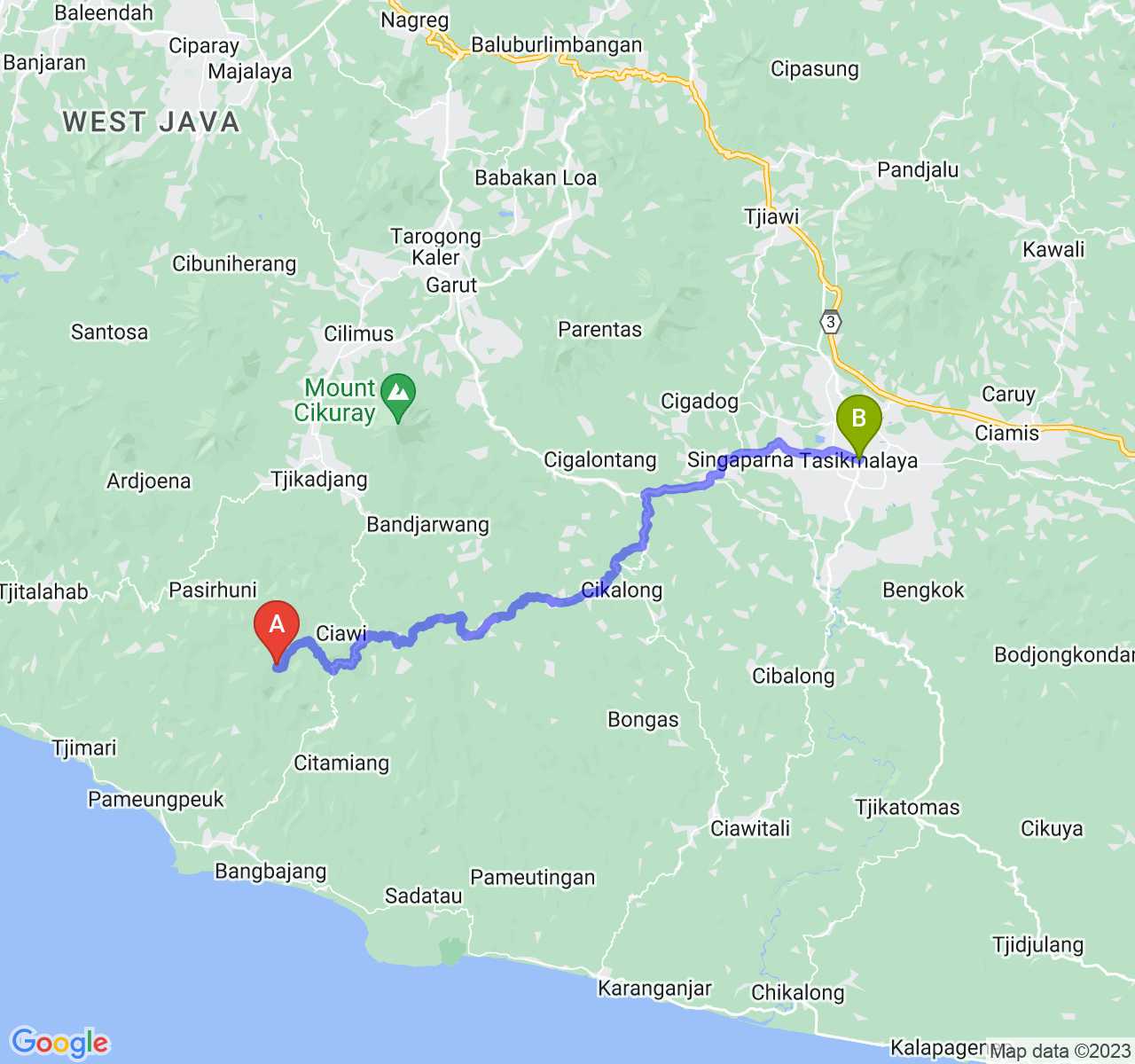 perjalanan dengan rute Kab. Garut-Kota Tasikmalaya