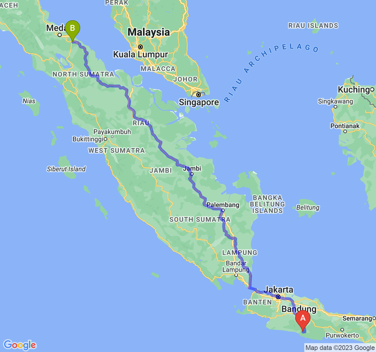 perjalanan dengan rute Kab. Garut-Kota Tebing Tinggi