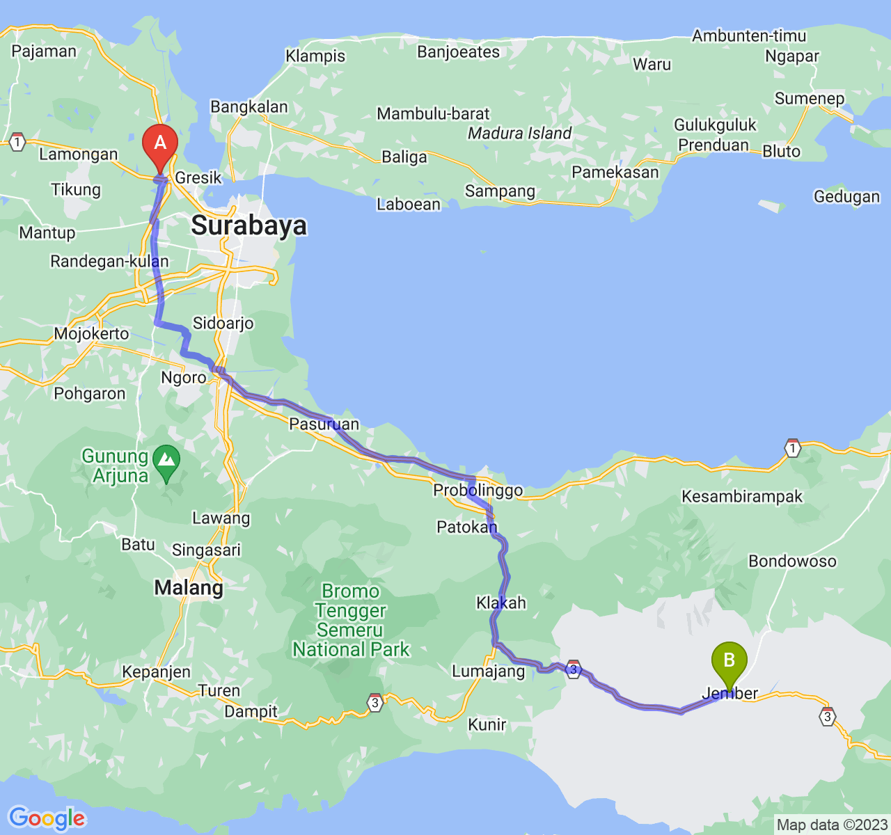 perjalanan dengan rute Kab. Gresik-Kab. Jember