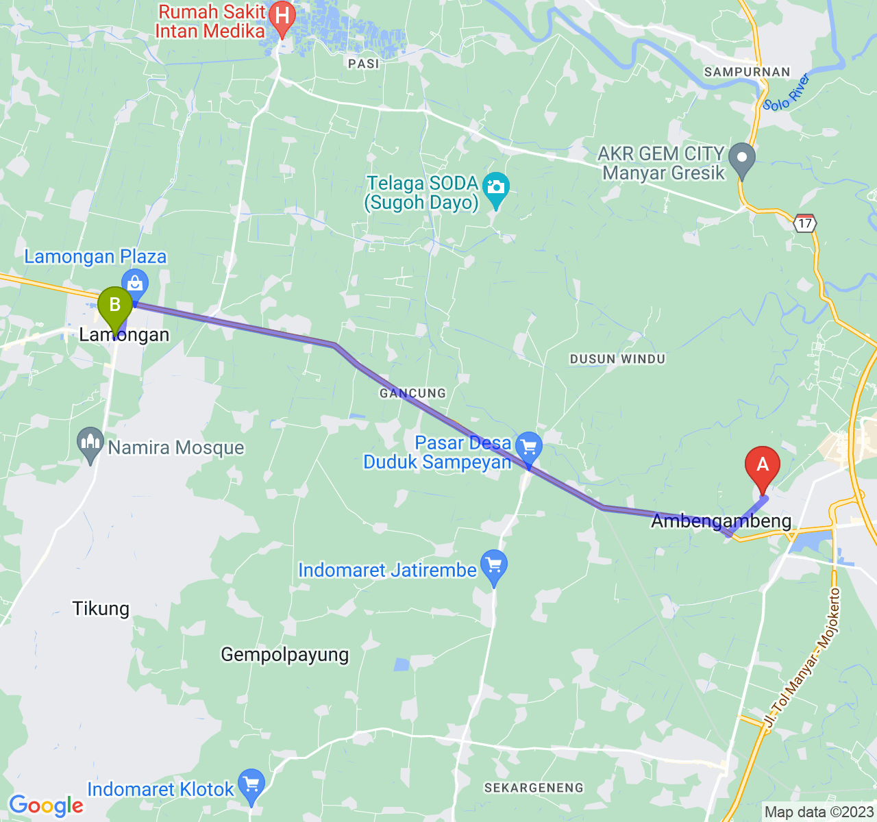 perjalanan dengan rute Kab. Gresik-Kab. Lamongan