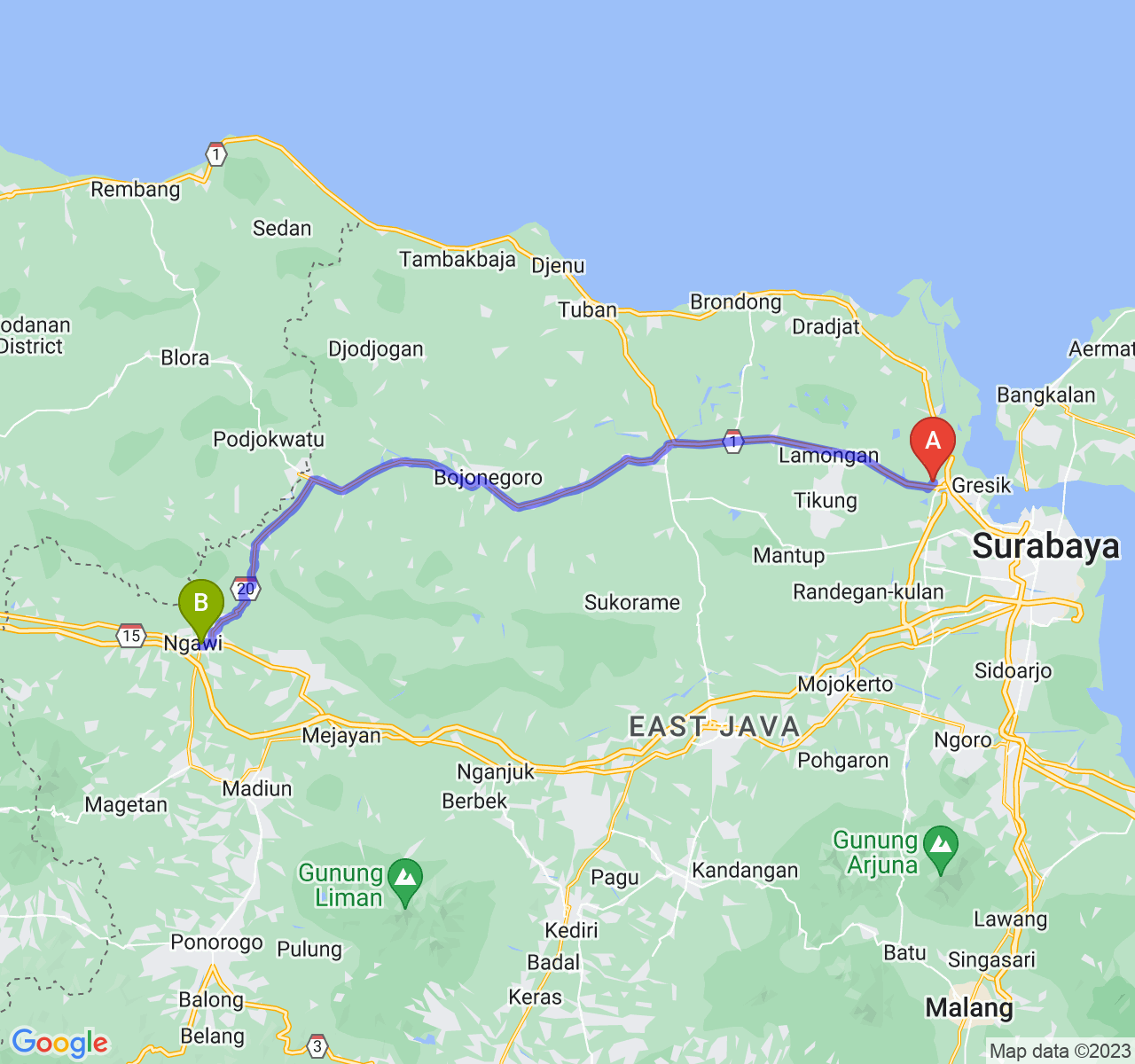 perjalanan dengan rute Kab. Gresik-Kab. Ngawi