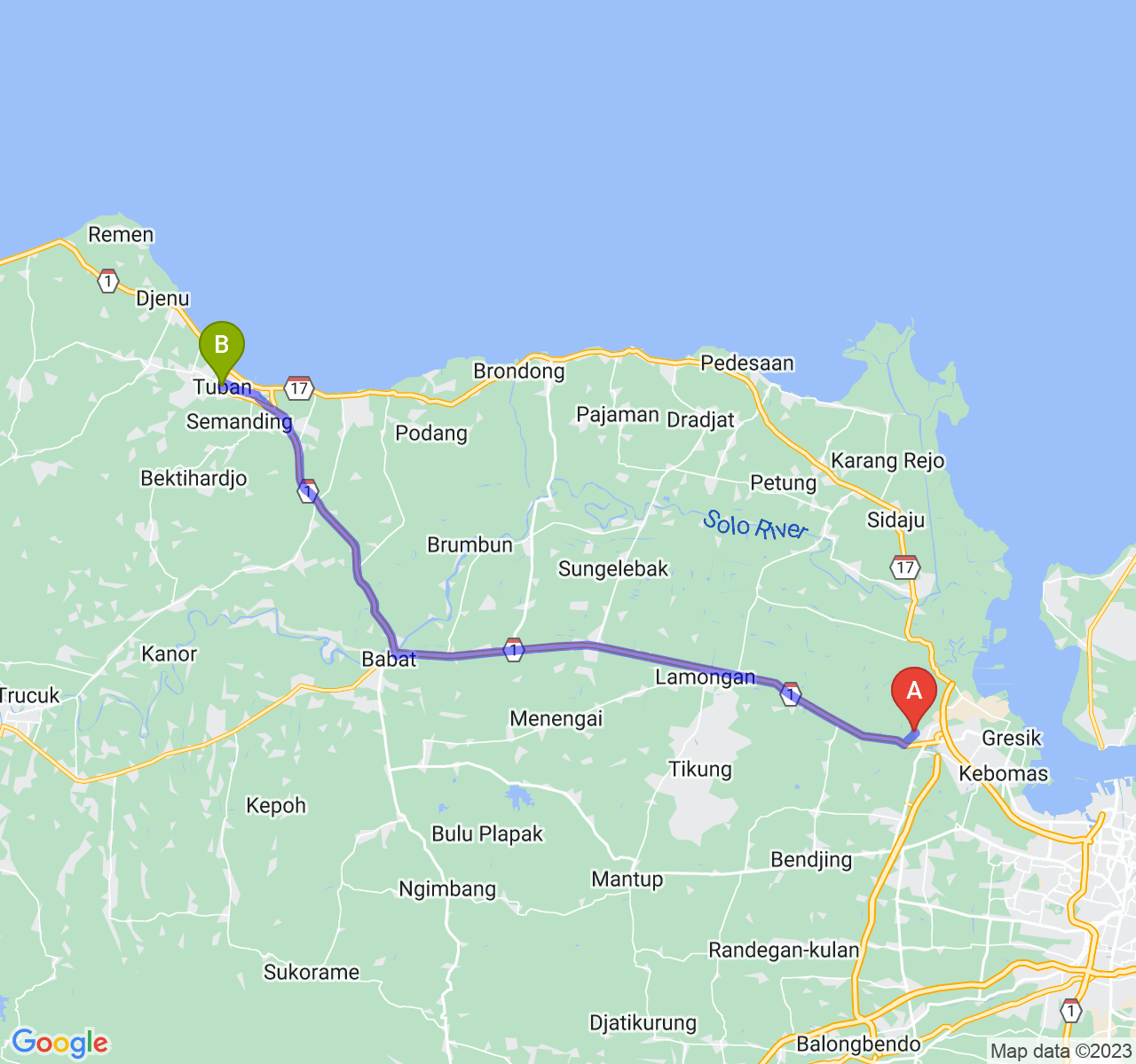 perjalanan dengan rute Kab. Gresik-Kab. Tuban