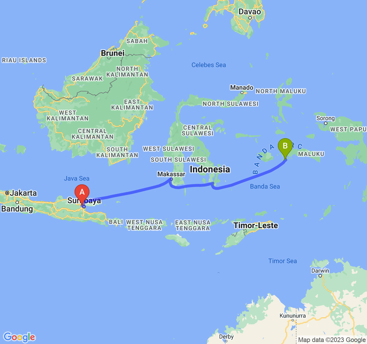 perjalanan dengan rute Kab. Gresik-Kota Ambon