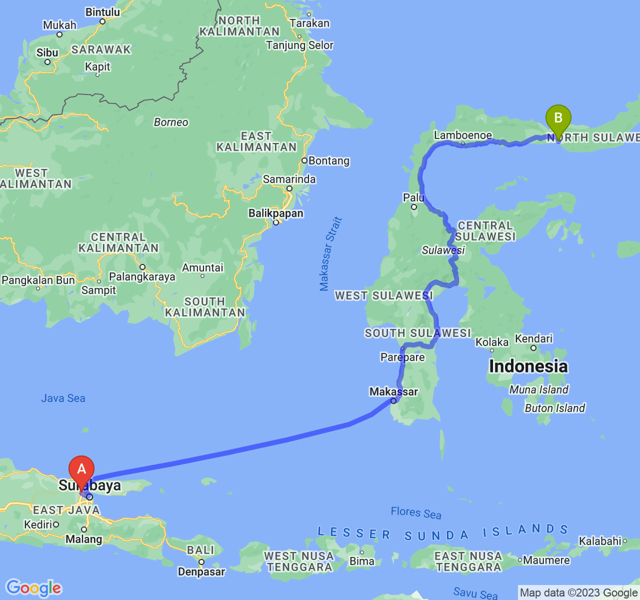 perjalanan dengan rute Kab. Gresik-Kota Gorontalo