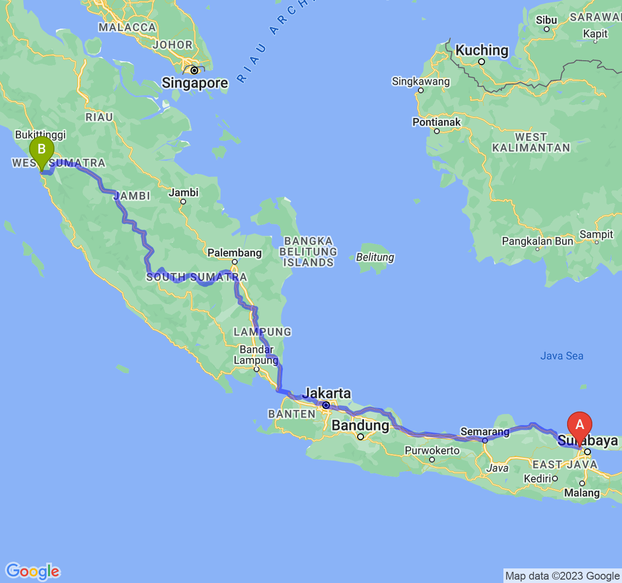 perjalanan dengan rute Kab. Gresik-Kota Padang