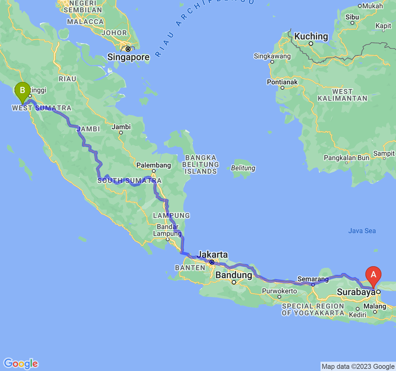 perjalanan dengan rute Kab. Gresik-Kota Pariaman