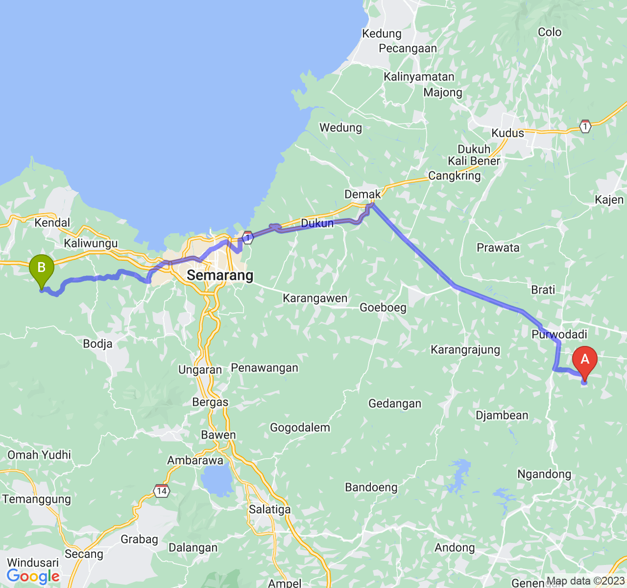 perjalanan dengan rute Kab. Grobogan-Kab. Kendal