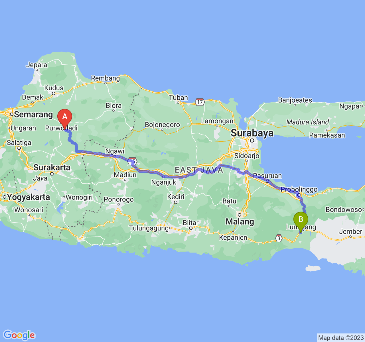 perjalanan dengan rute Kab. Grobogan-Kab. Lumajang