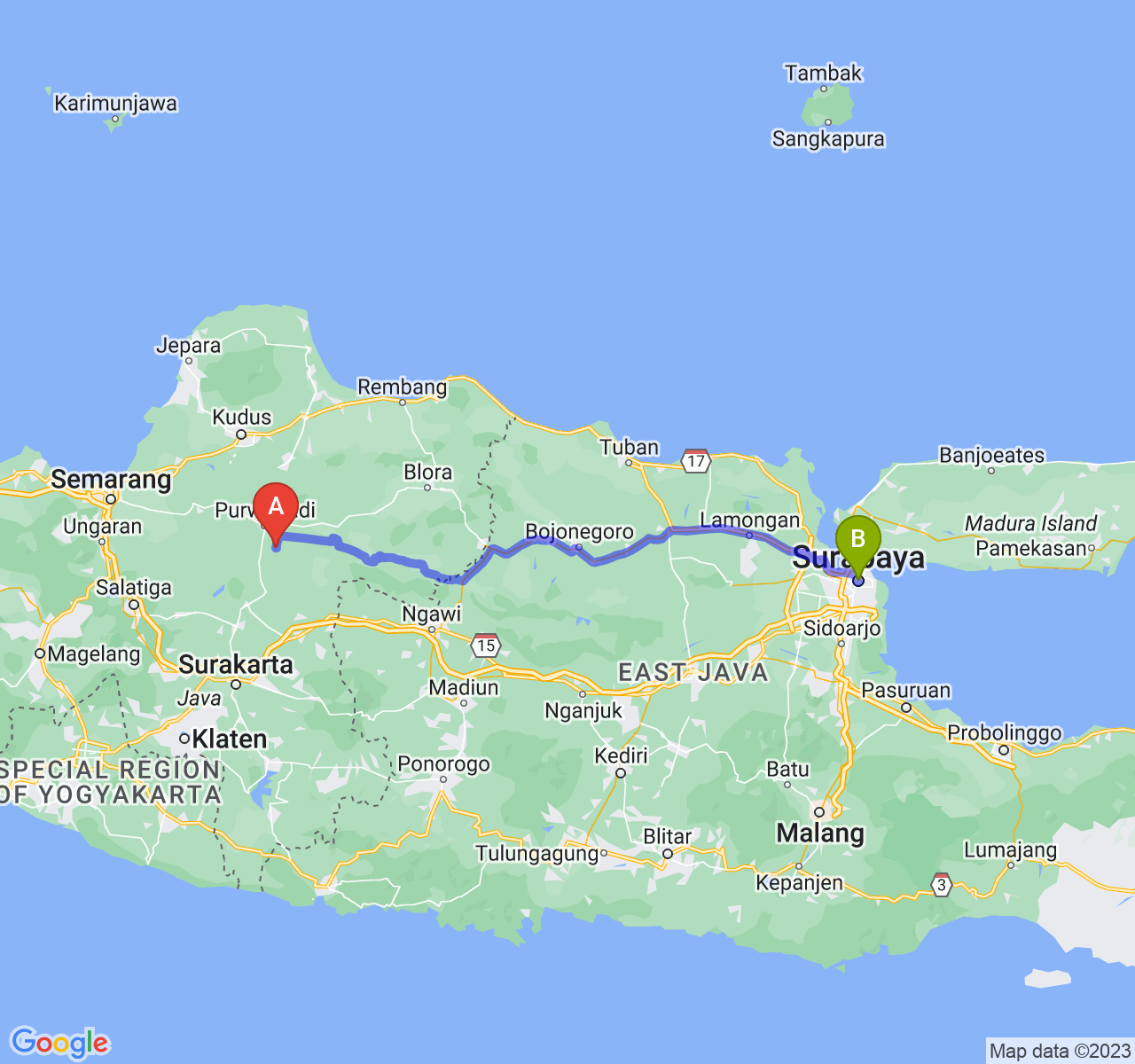 perjalanan dengan rute Kab. Grobogan-Kota Surabaya