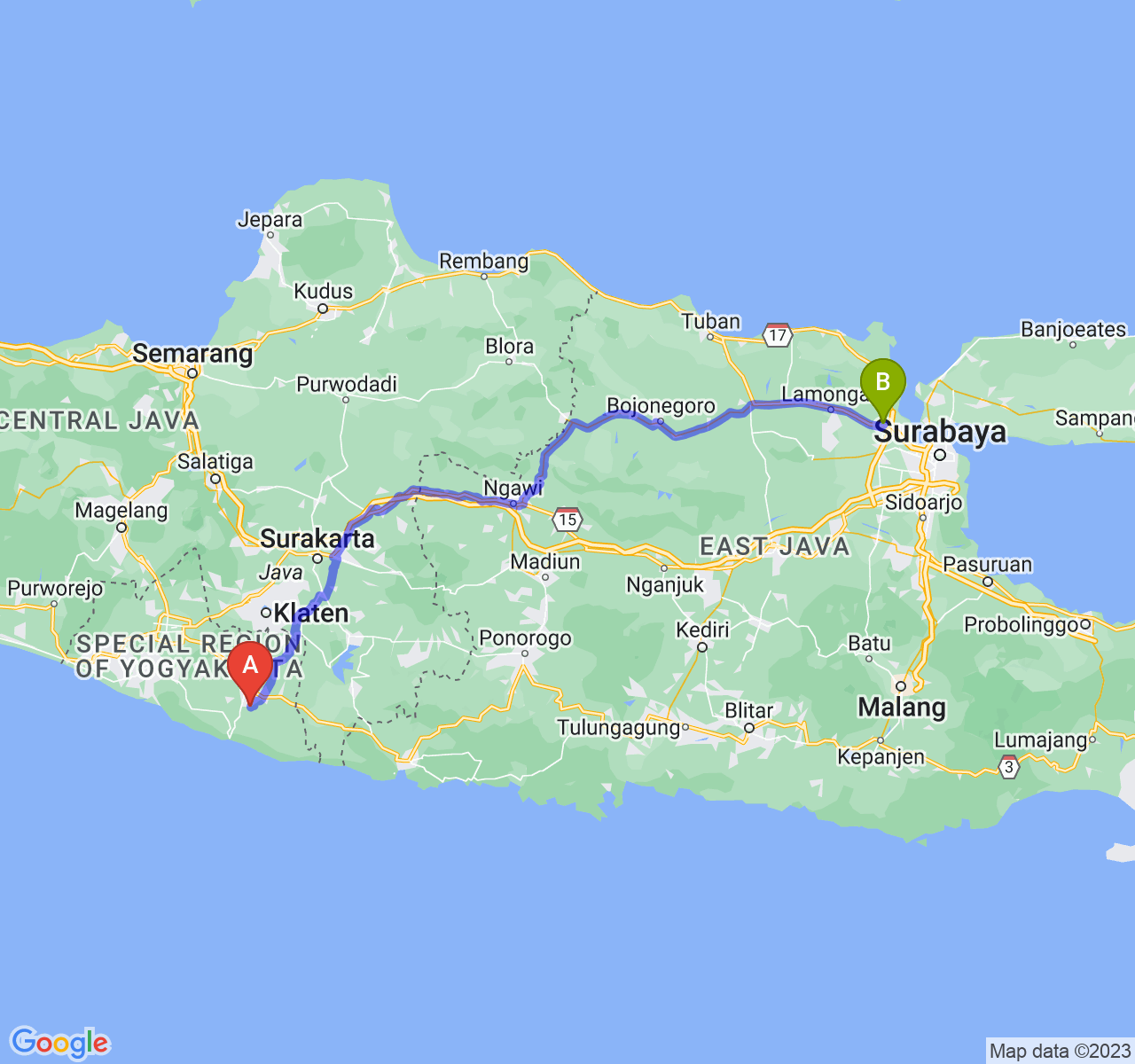 perjalanan dengan rute Kab. Gunung Kidul-Kab. Gresik