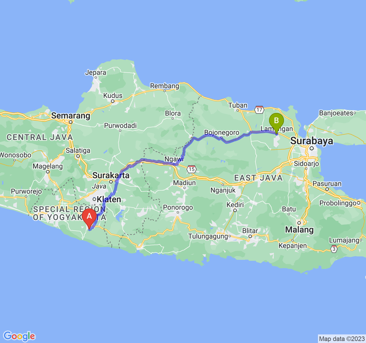 perjalanan dengan rute Kab. Gunung Kidul-Kab. Lamongan