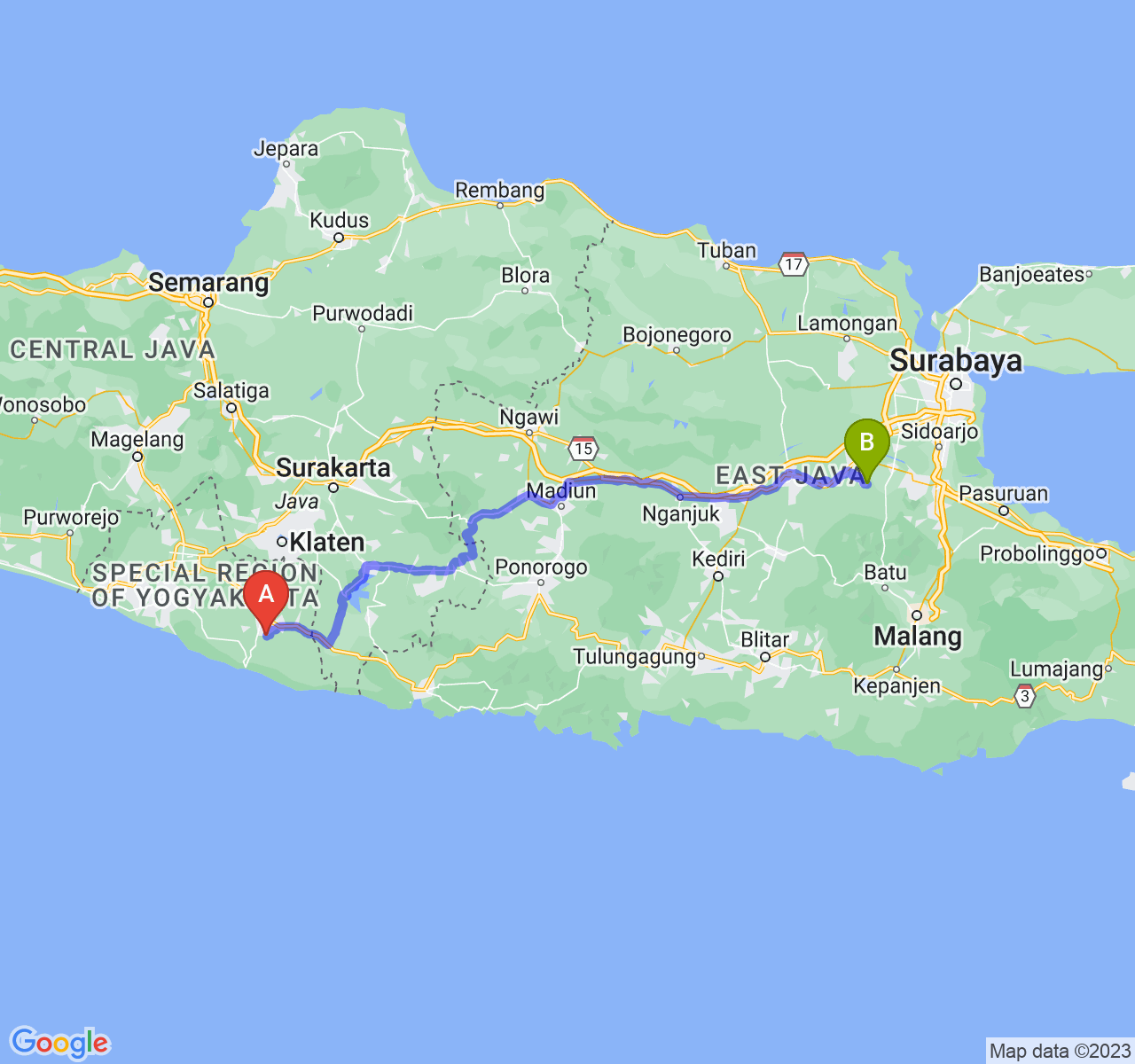 perjalanan dengan rute Kab. Gunung Kidul-Kab. Mojokerto