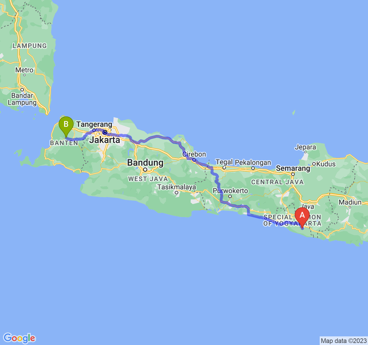 perjalanan dengan rute Kab. Gunung Kidul-Kab. Pandeglang