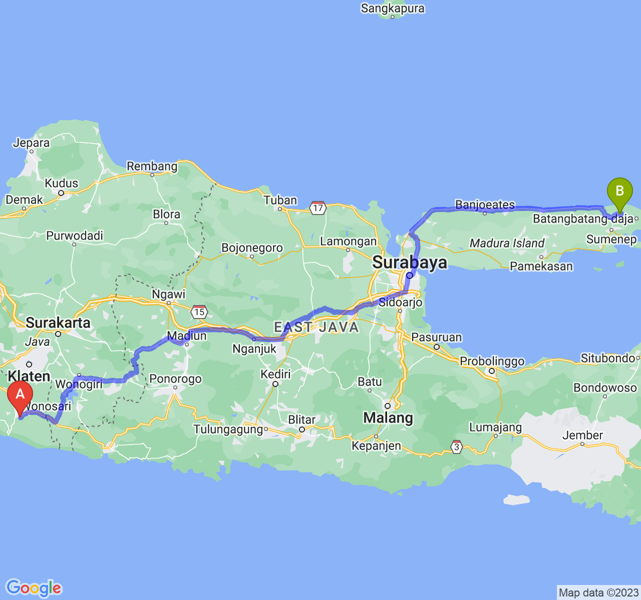 perjalanan dengan rute Kab. Gunung Kidul-Kab. Sumenep