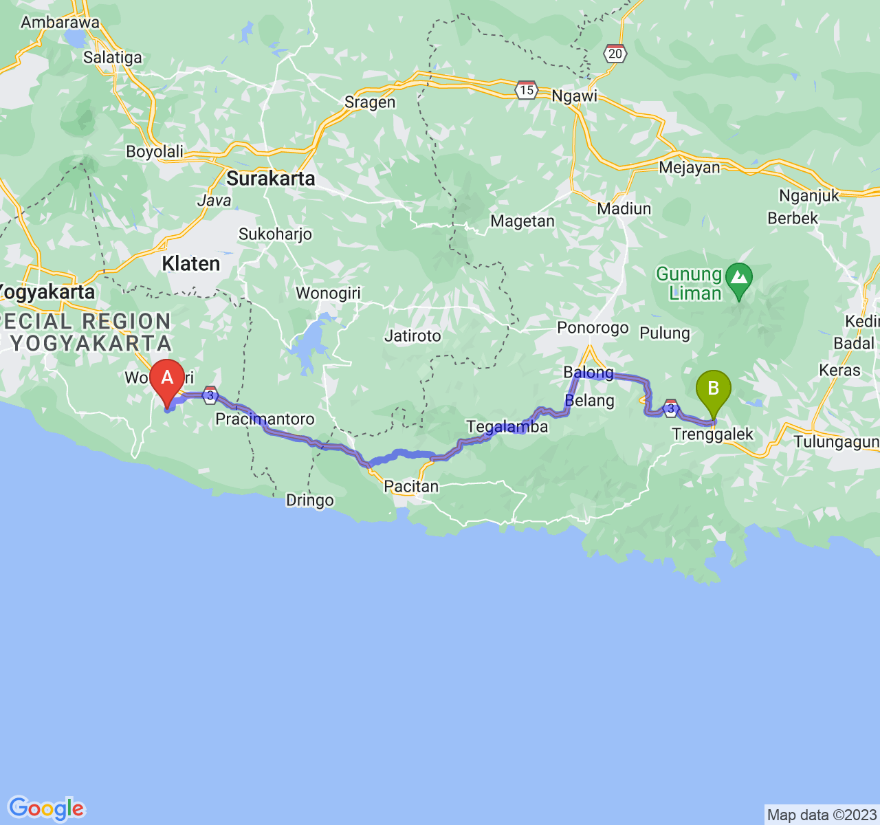 perjalanan dengan rute Kab. Gunung Kidul-Kab. Trenggalek