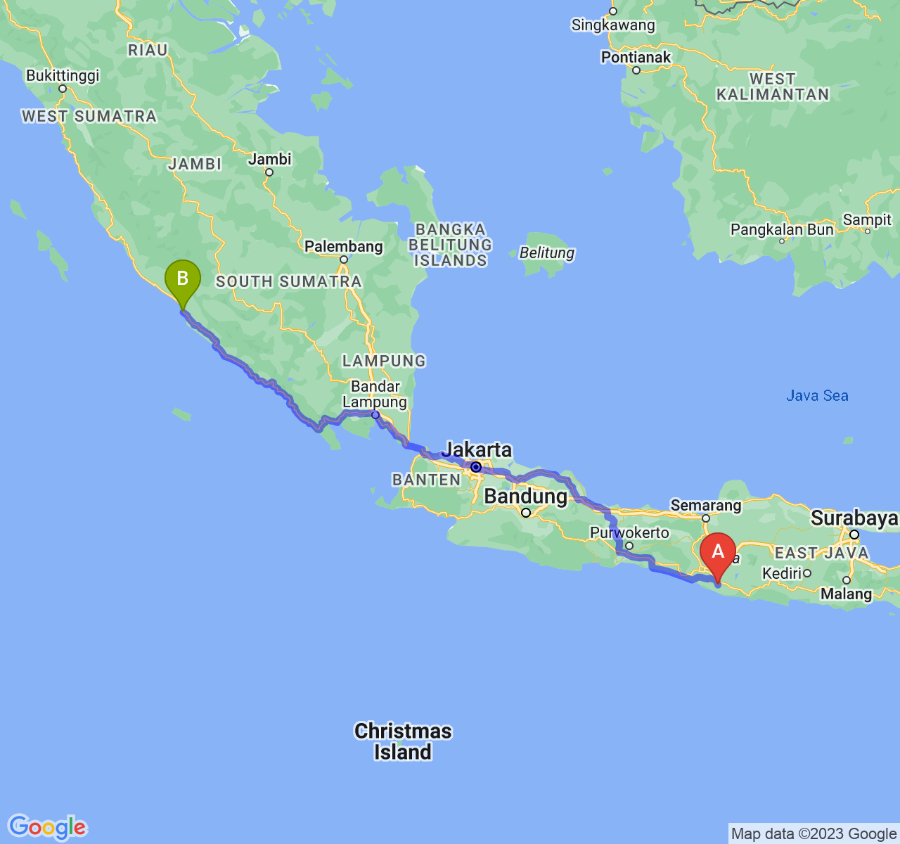 perjalanan dengan rute Kab. Gunung Kidul-Kota Bengkulu