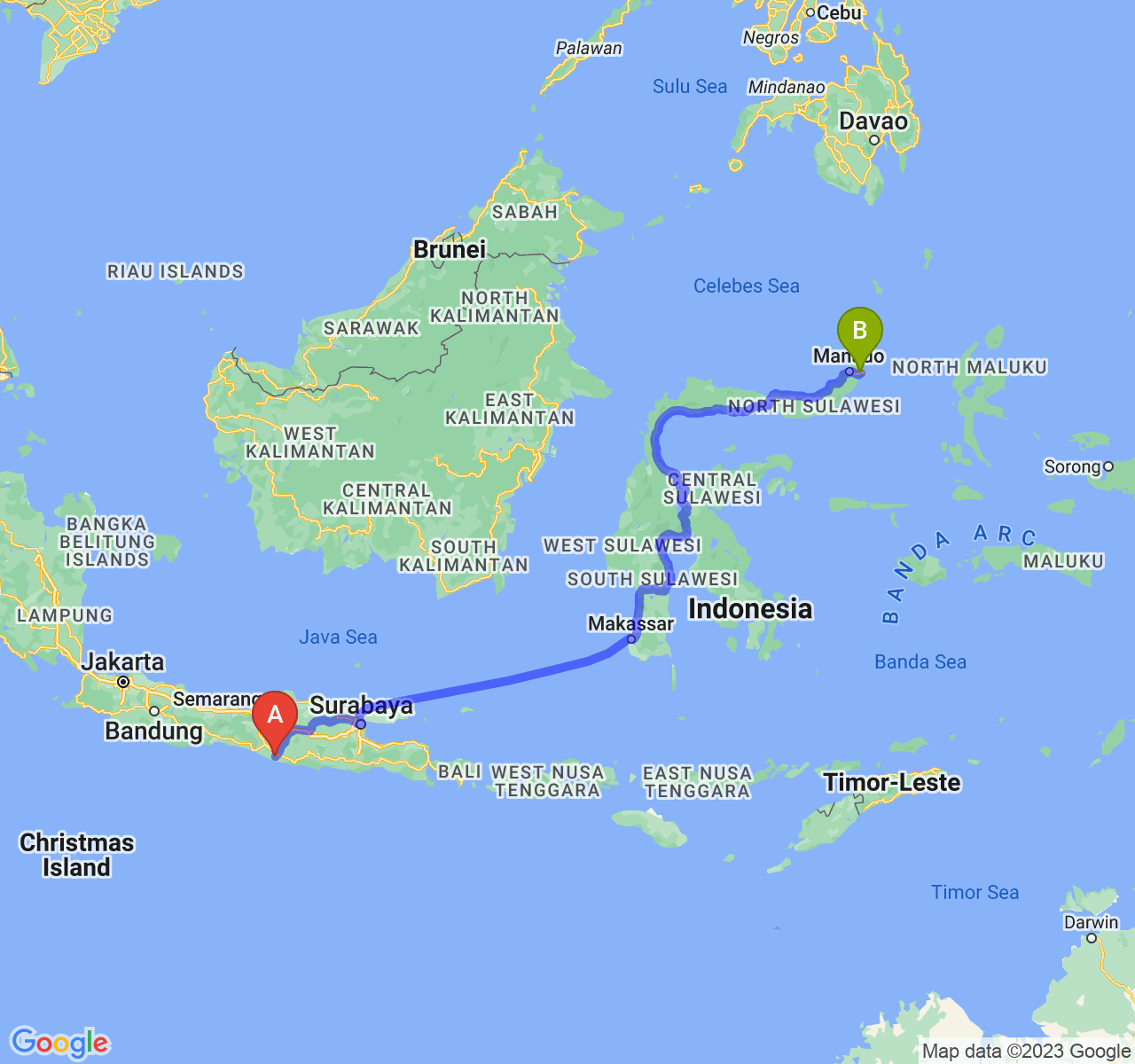 perjalanan dengan rute Kab. Gunung Kidul-Kota Bitung