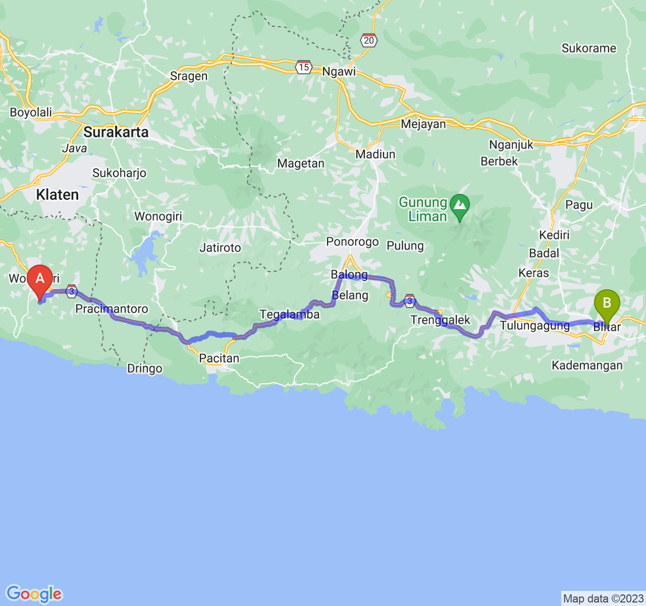 perjalanan dengan rute Kab. Gunung Kidul-Kota Blitar