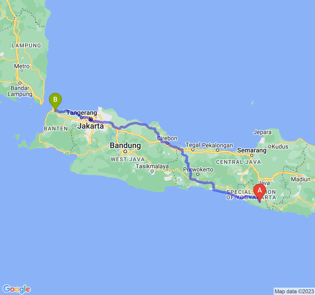 perjalanan dengan rute Kab. Gunung Kidul-Kota Cilegon