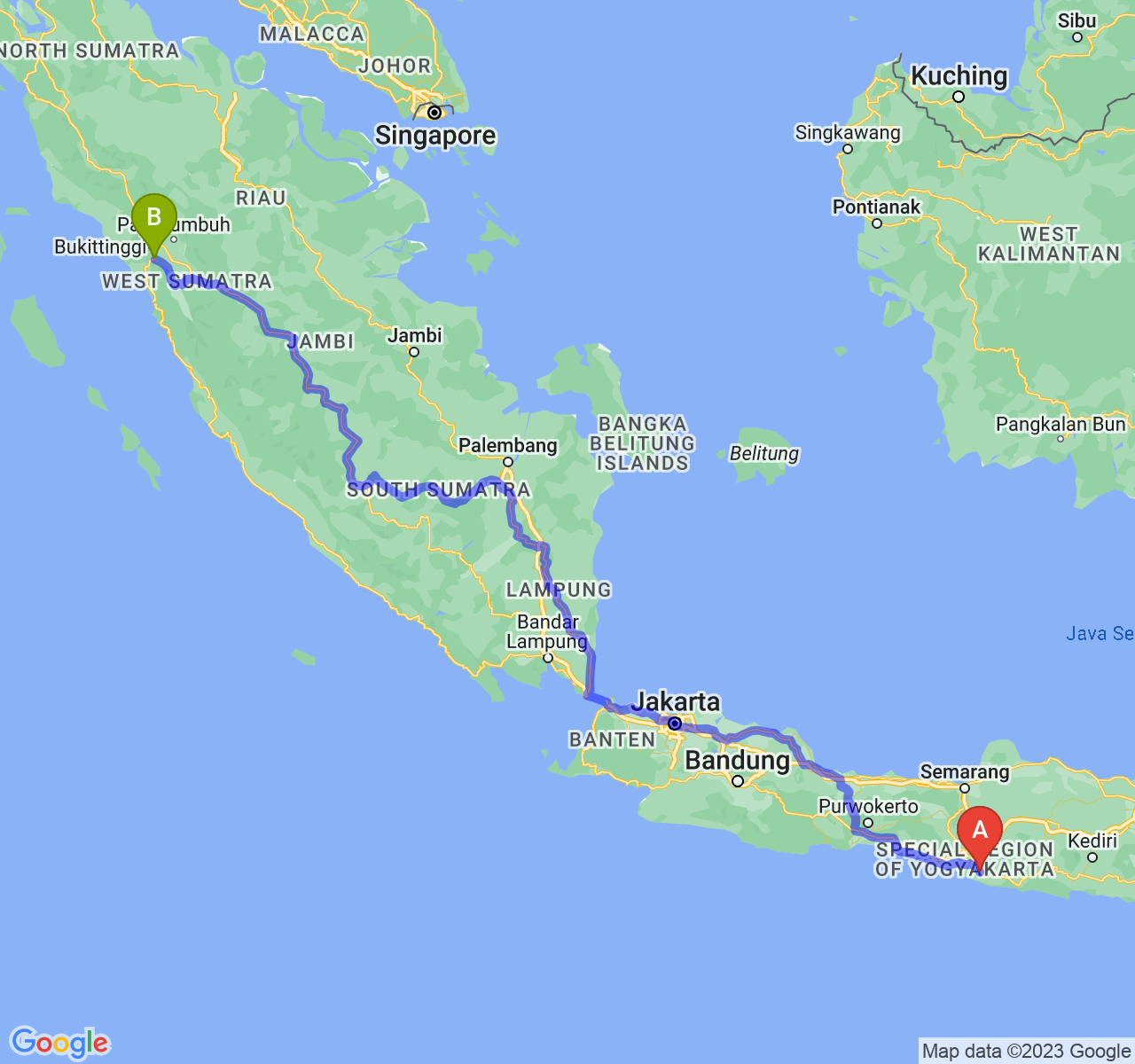 perjalanan dengan rute Kab. Gunung Kidul-Kota Padang Panjang