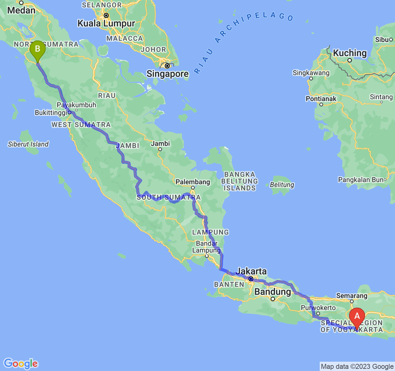 perjalanan dengan rute Kab. Gunung Kidul-Kota Padang Sidimpuan