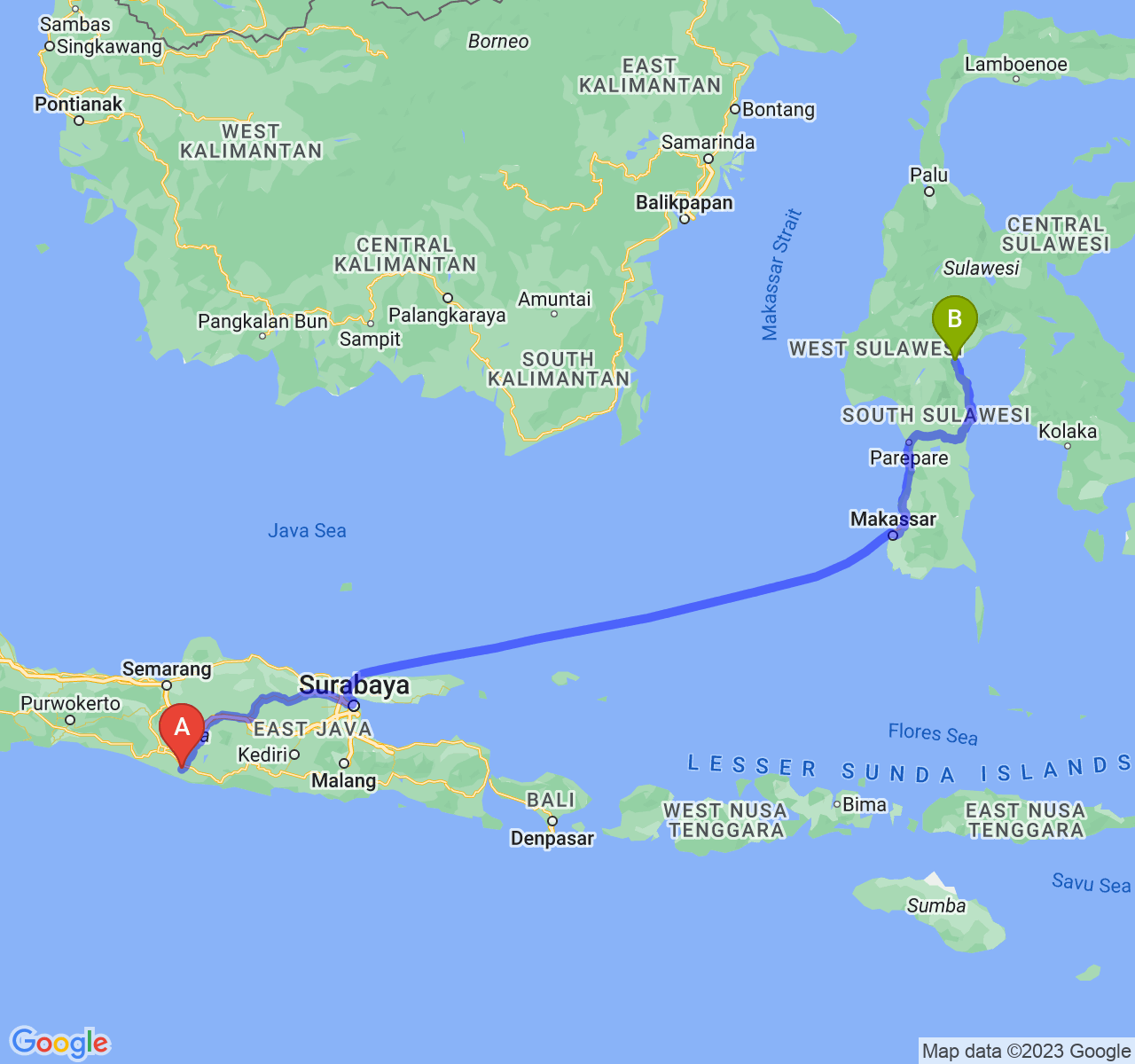 perjalanan dengan rute Kab. Gunung Kidul-Kota Palopo