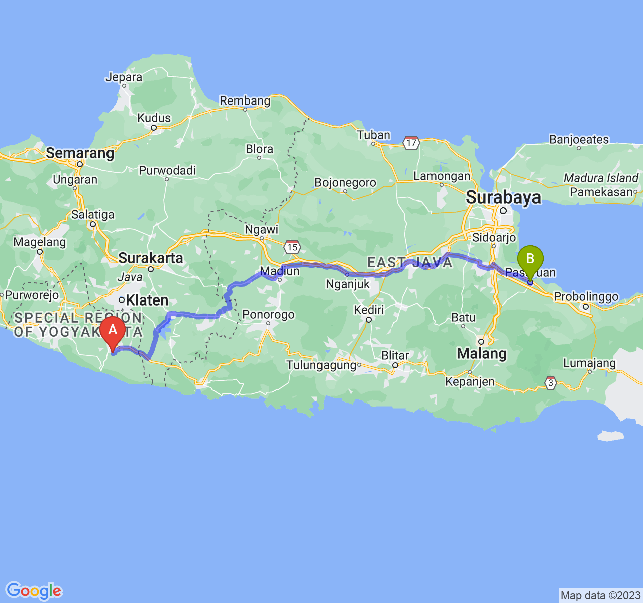 perjalanan dengan rute Kab. Gunung Kidul-Kota Pasuruan