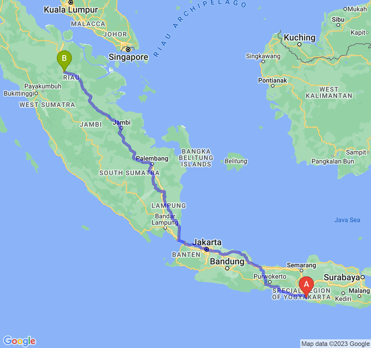 perjalanan dengan rute Kab. Gunung Kidul-Kota Pekanbaru