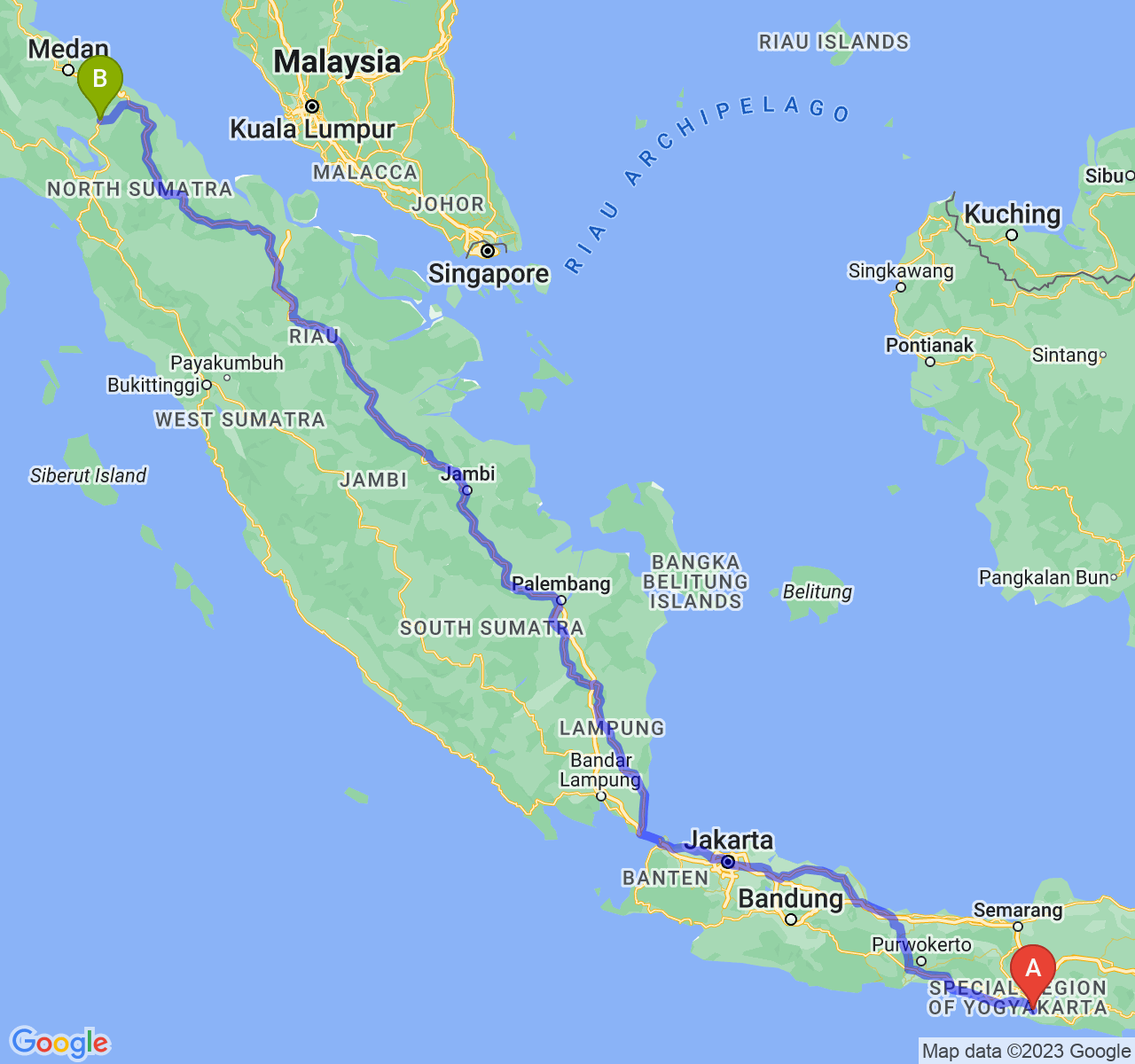 perjalanan dengan rute Kab. Gunung Kidul-Kota Pematangsiantar