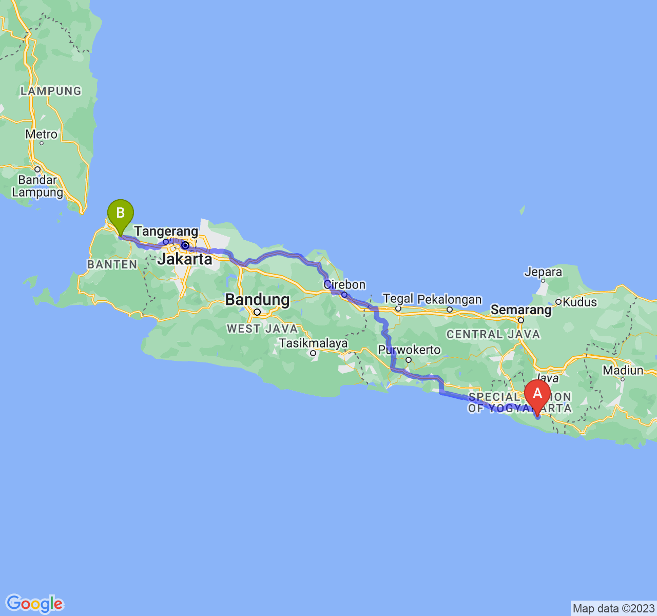 perjalanan dengan rute Kab. Gunung Kidul-Kota Serang