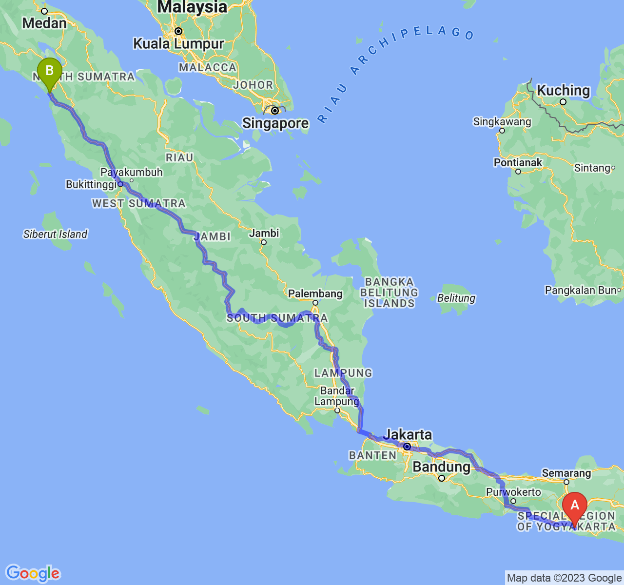 perjalanan dengan rute Kab. Gunung Kidul-Kota Sibolga