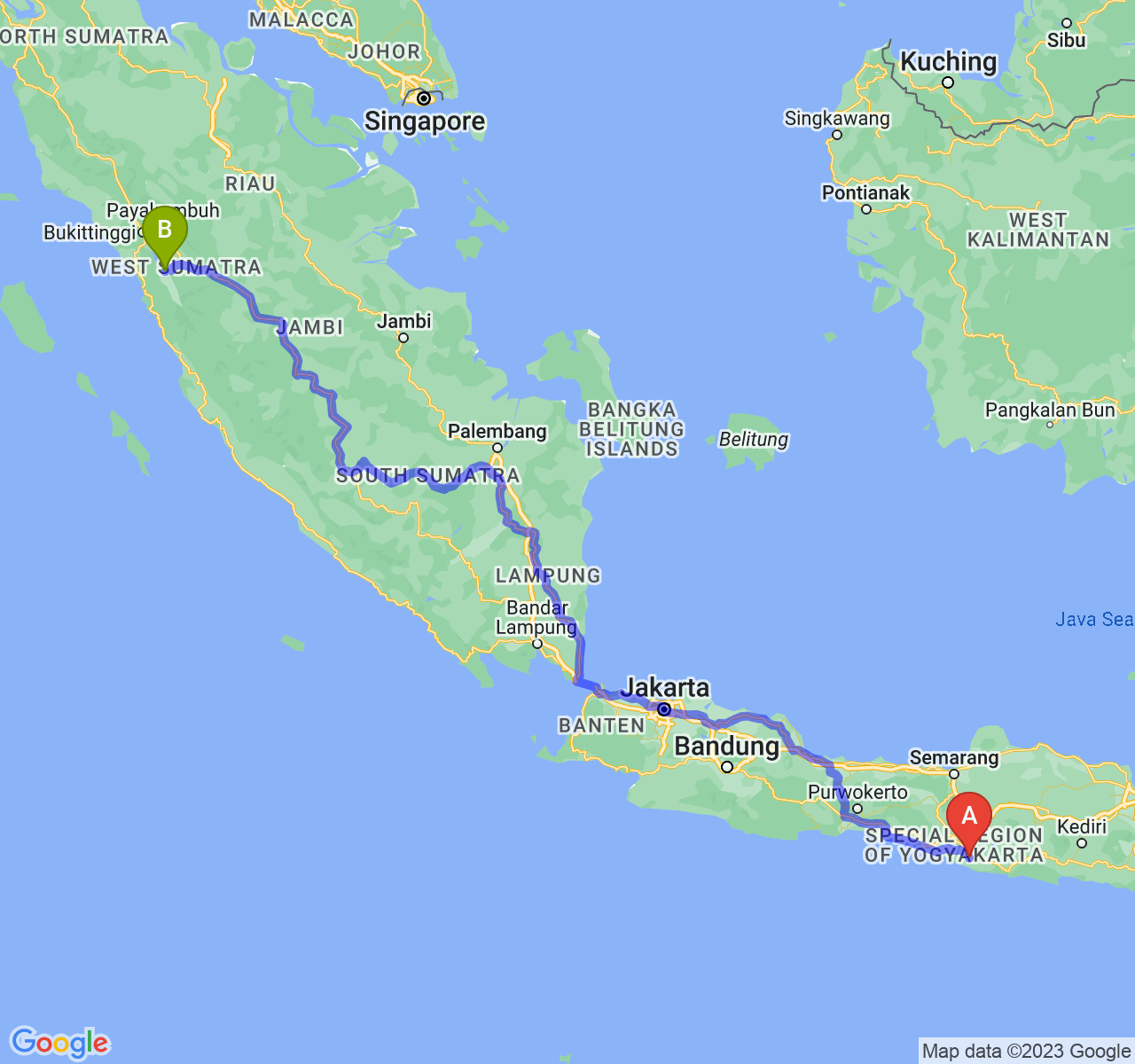 perjalanan dengan rute Kab. Gunung Kidul-Kota Solok