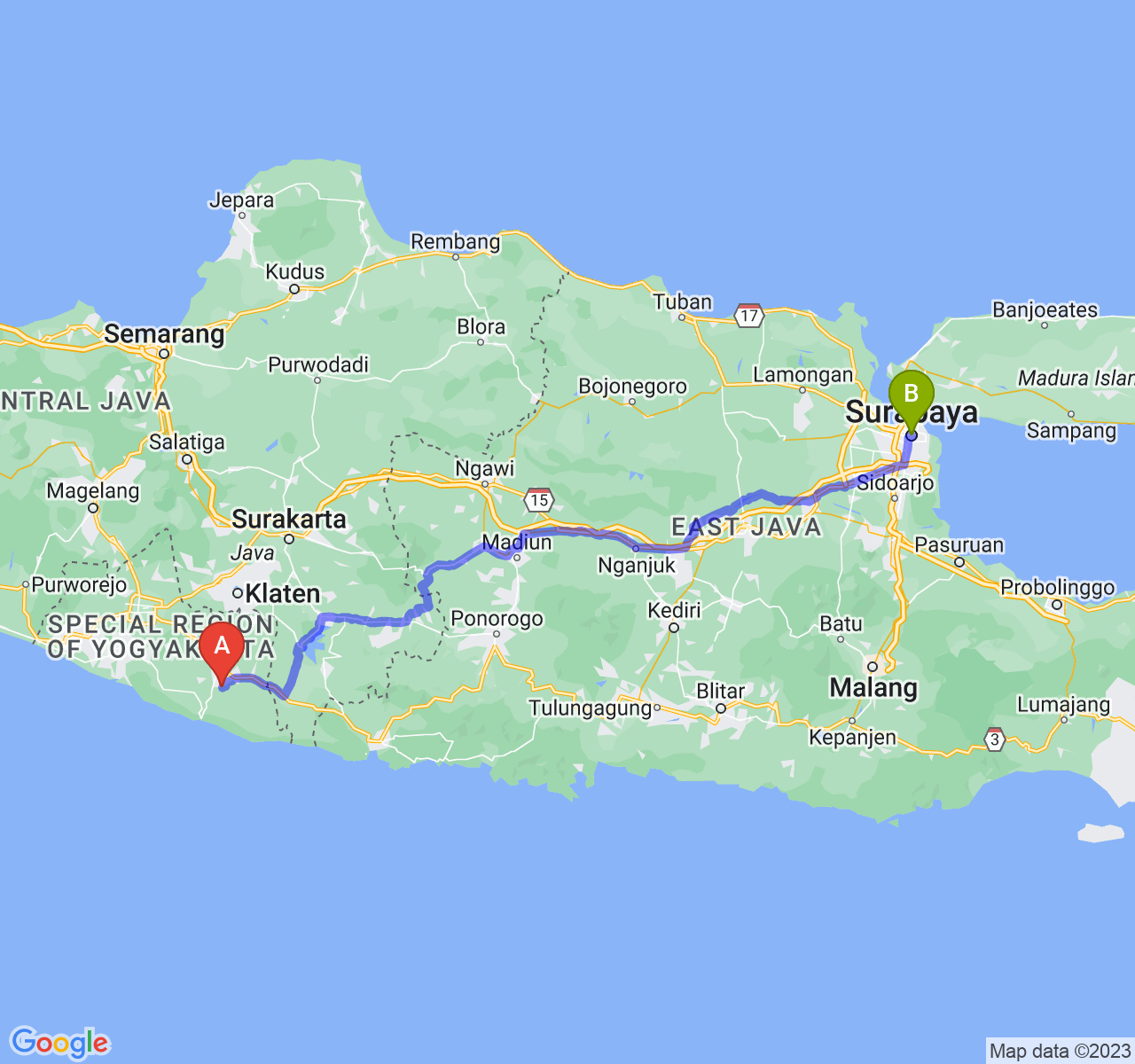 perjalanan dengan rute Kab. Gunung Kidul-Kota Surabaya