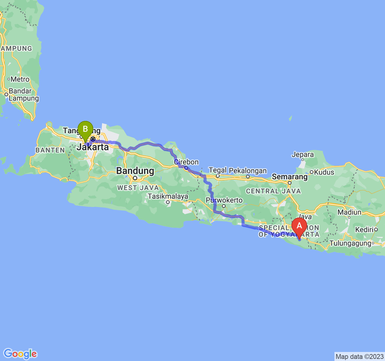 perjalanan dengan rute Kab. Gunung Kidul-Kota Tangerang Selatan