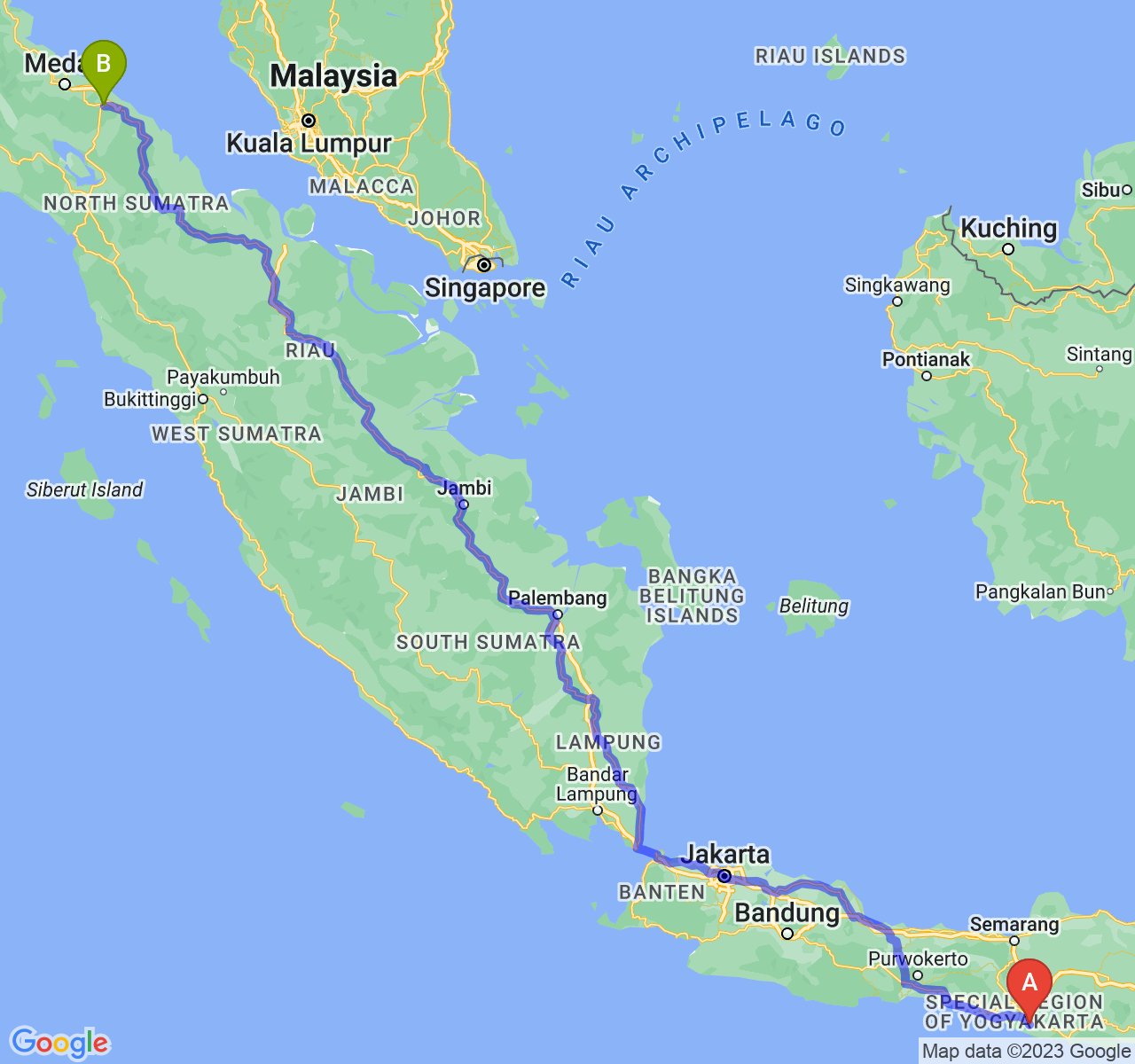 perjalanan dengan rute Kab. Gunung Kidul-Kota Tebing Tinggi