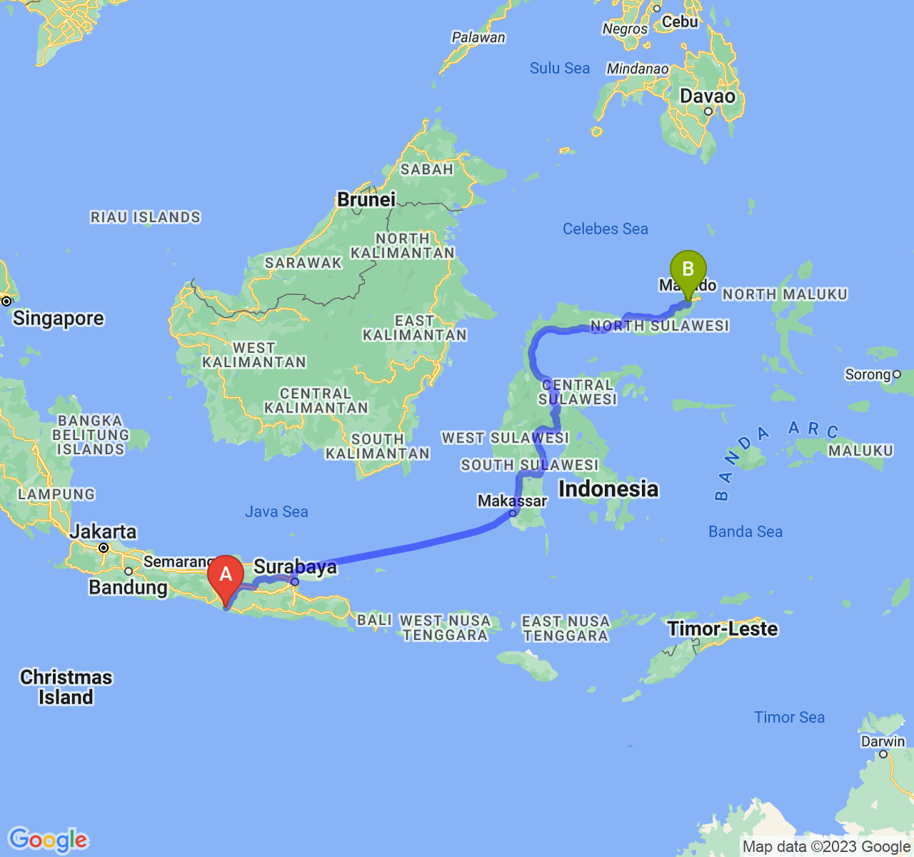 perjalanan dengan rute Kab. Gunung Kidul-Kota Tomohon