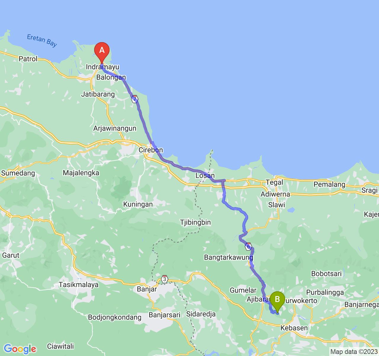 perjalanan dengan rute Kab. Indramayu-Kab. Banyumas