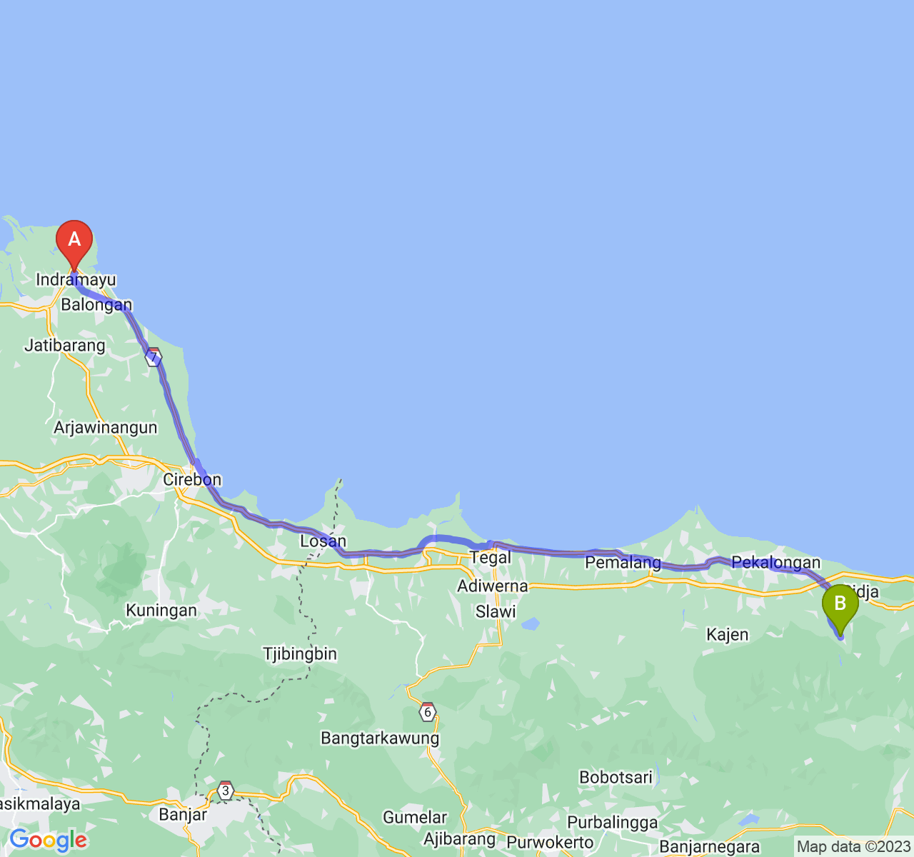 perjalanan dengan rute Kab. Indramayu-Kab. Batang